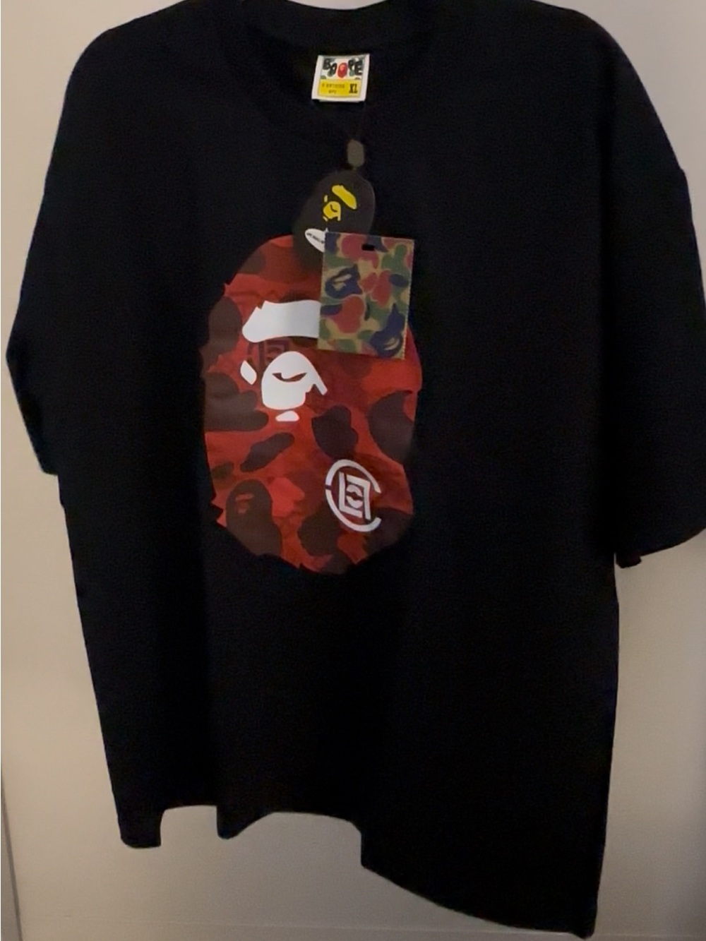 Bape Black Tee with Red Camo Ape Head Graphic